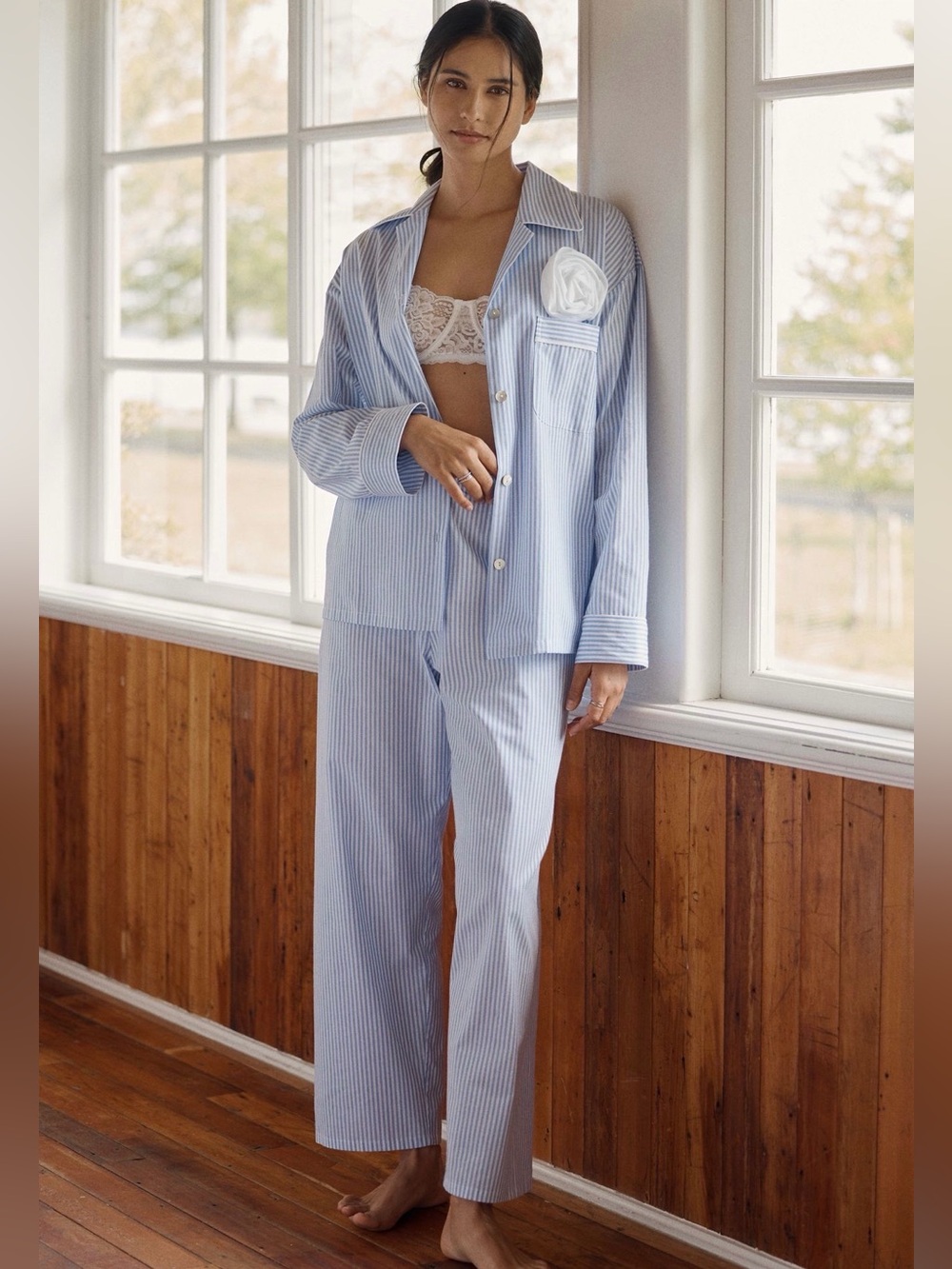 Light Blue Pinstripe Pajama Set with Lace Pocket Accent